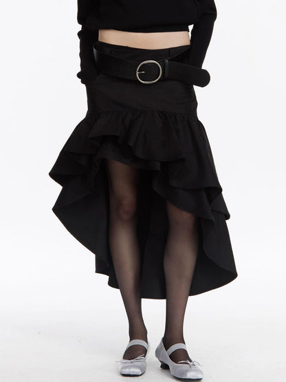 LYUOCHENG A Line Asymmetrical Ruffle Hem Skirt