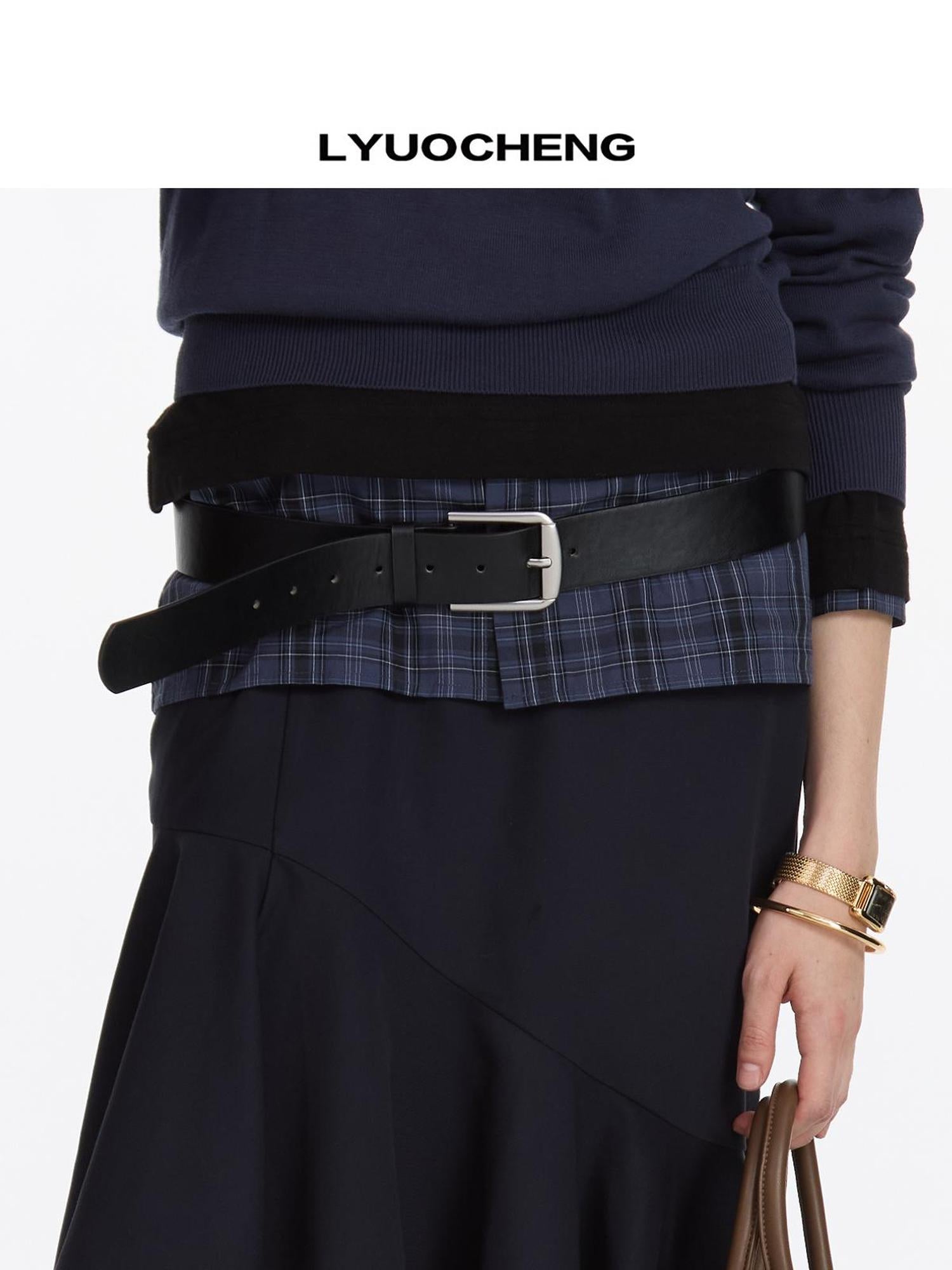 LYUOCHENG Aged Silver Buckle Leather Belt
