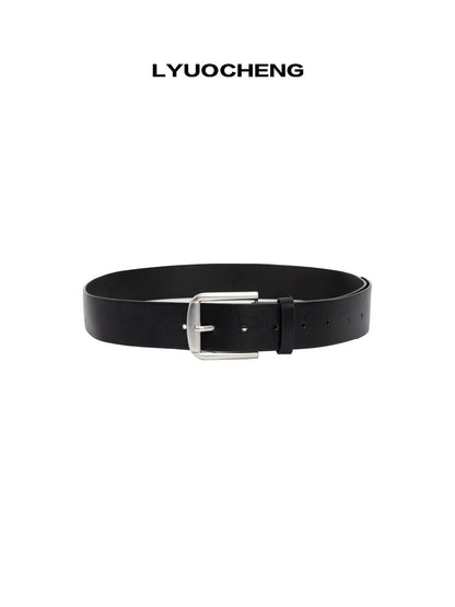 LYUOCHENG Aged Silver Buckle Leather Belt