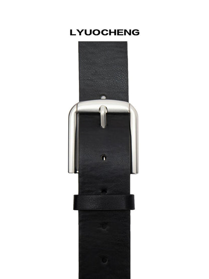 LYUOCHENG Aged Silver Buckle Leather Belt