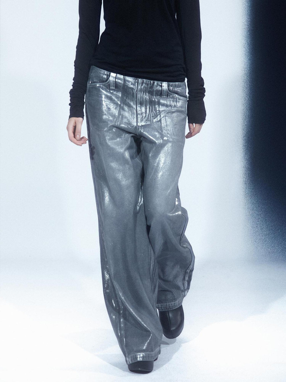 LYUOCHENG Aged Wash Silver Structural Low Rise Flared Jeans