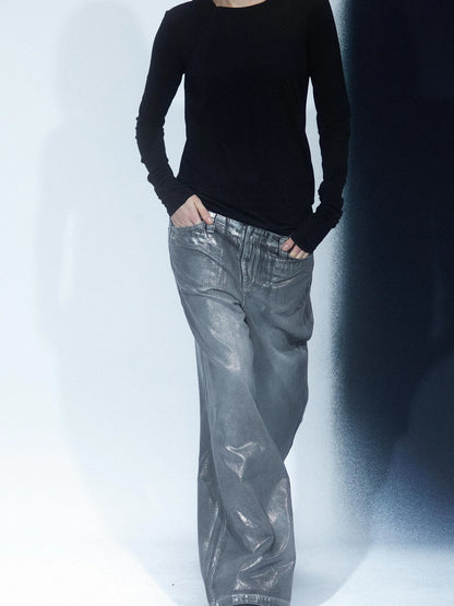 LYUOCHENG Aged Wash Silver Structural Low Rise Flared Jeans