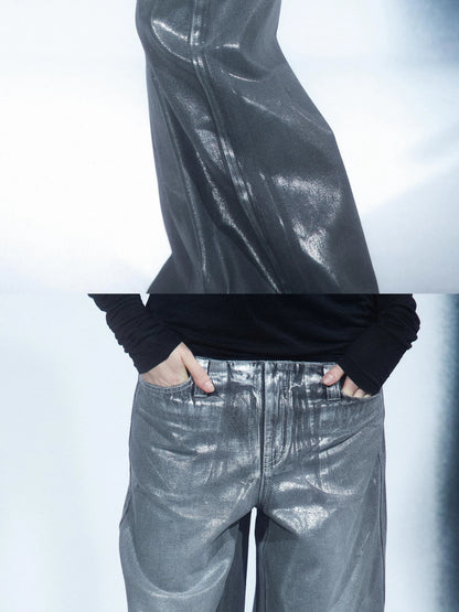 LYUOCHENG Aged Wash Silver Structural Low Rise Flared Jeans