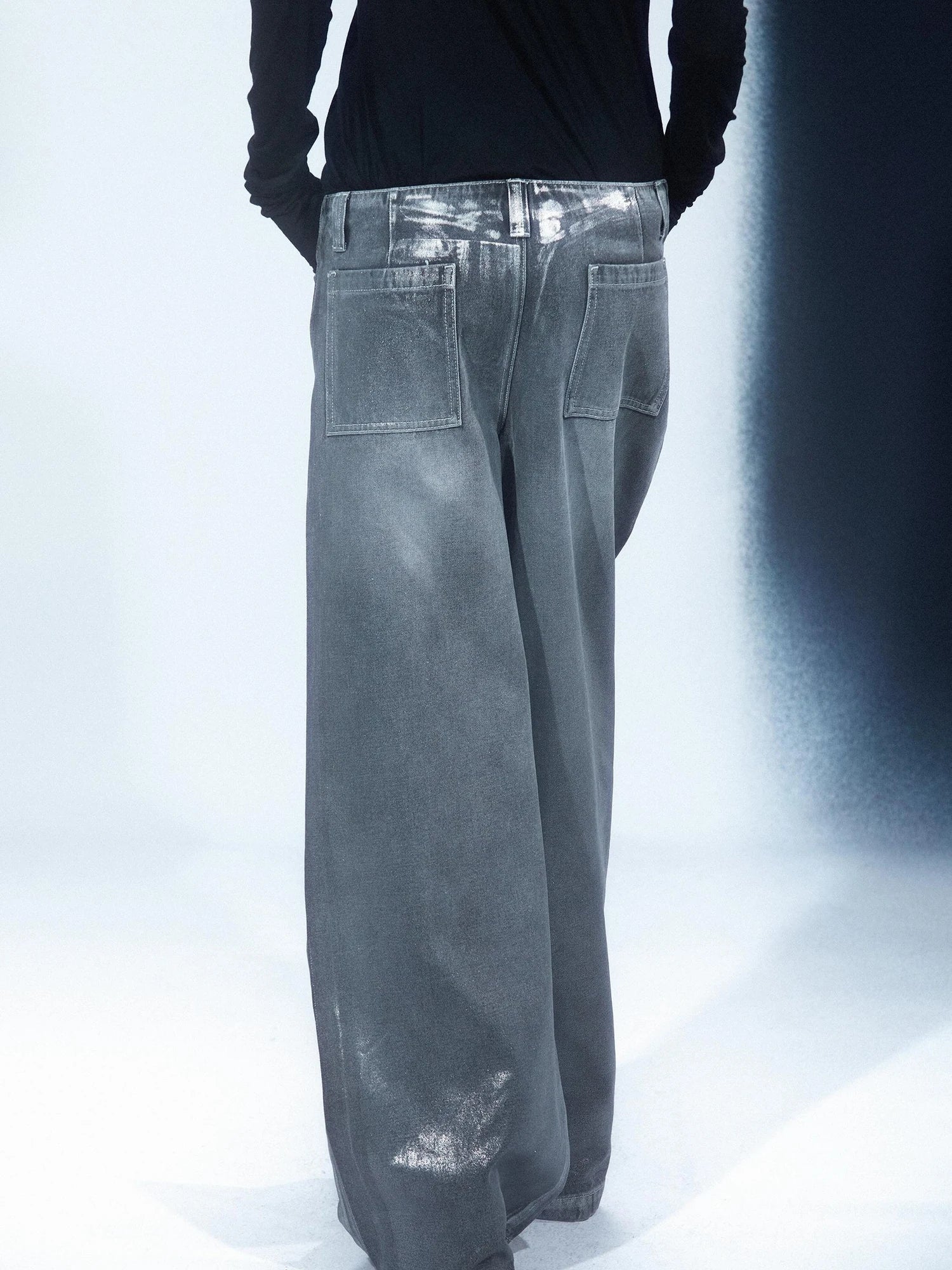 LYUOCHENG Aged Wash Silver Structural Low Rise Flared Jeans