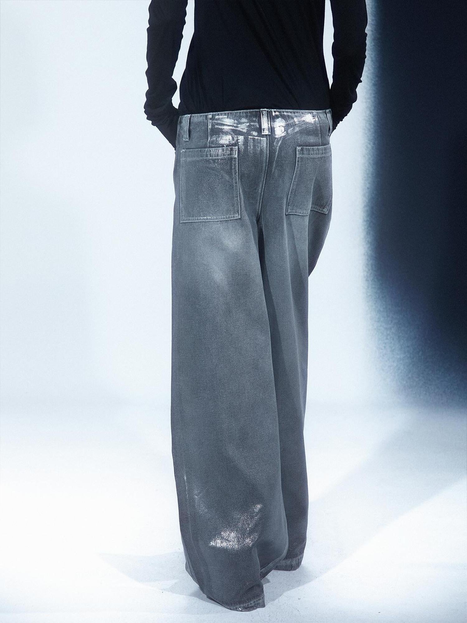 LYUOCHENG Aged Wash Silver Structural Low Rise Flared Jeans