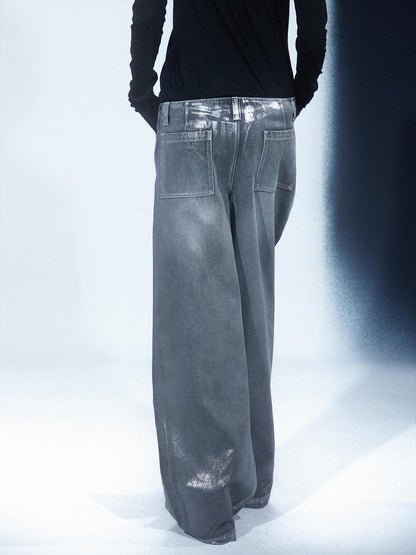 LYUOCHENG Aged Wash Silver Structural Low Rise Flared Jeans