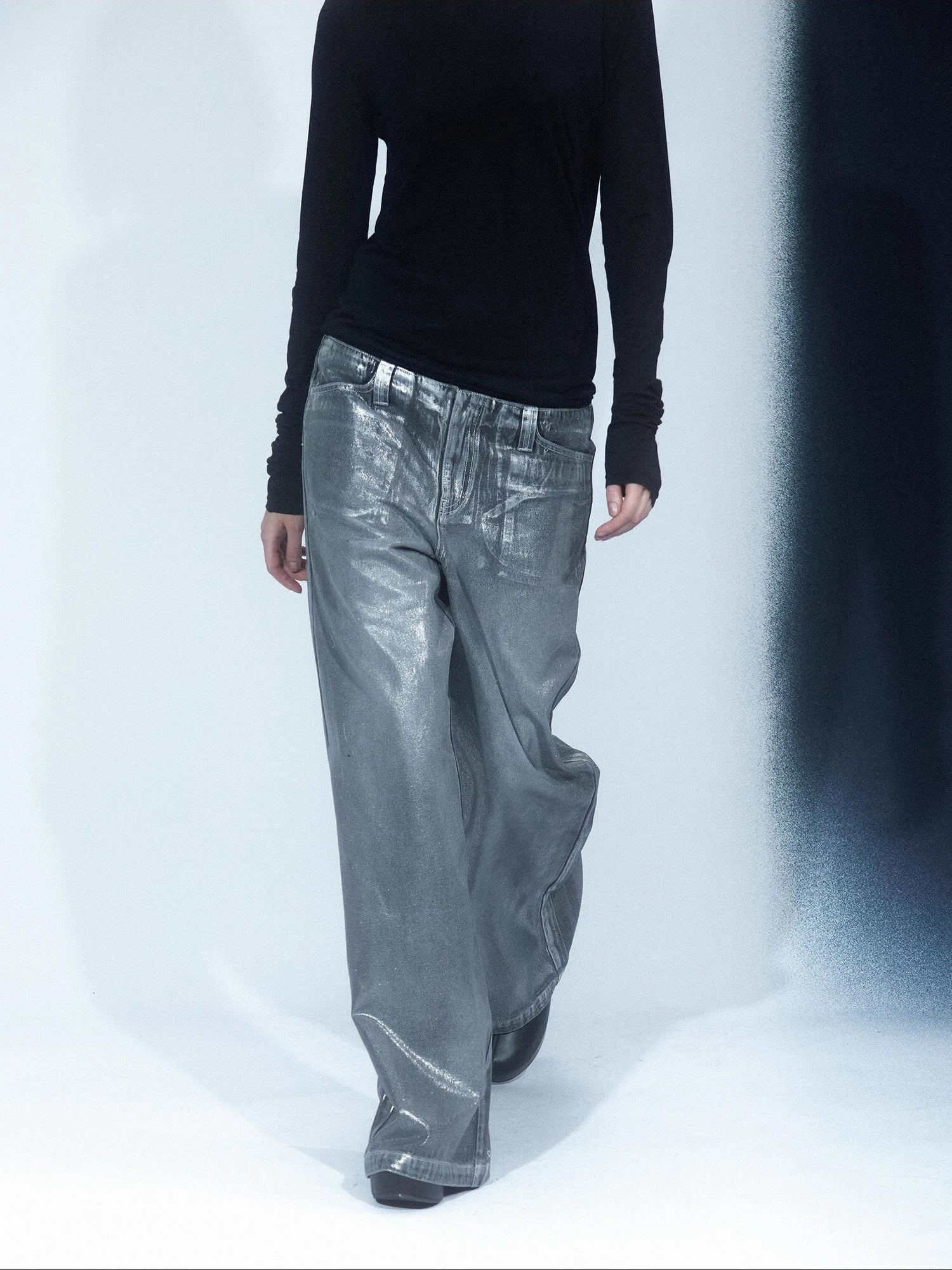 LYUOCHENG Aged Wash Silver Structural Low Rise Flared Jeans