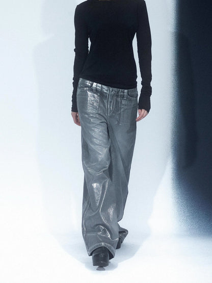 LYUOCHENG Aged Wash Silver Structural Low Rise Flared Jeans