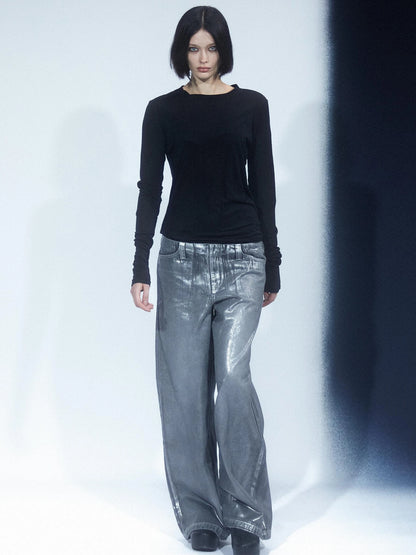 LYUOCHENG Aged Wash Silver Structural Low Rise Flared Jeans
