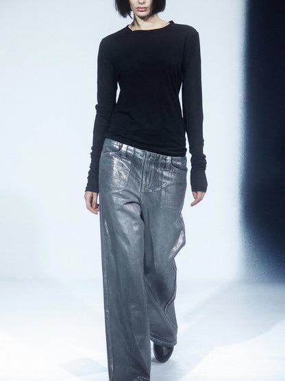 LYUOCHENG Aged Wash Silver Structural Low Rise Flared Jeans