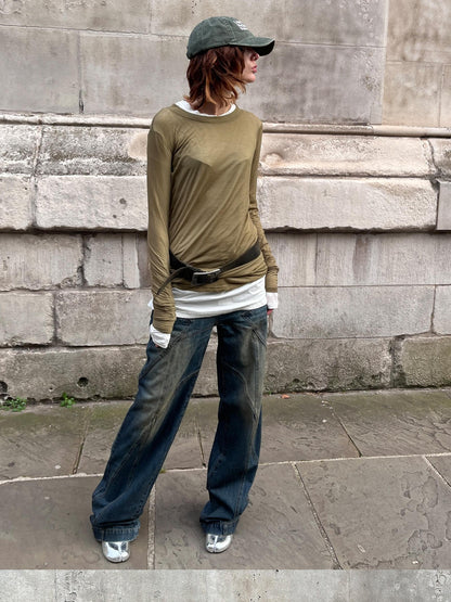 LYUOCHENG Army Green Mesh Crew Neck Straight Solid Women&