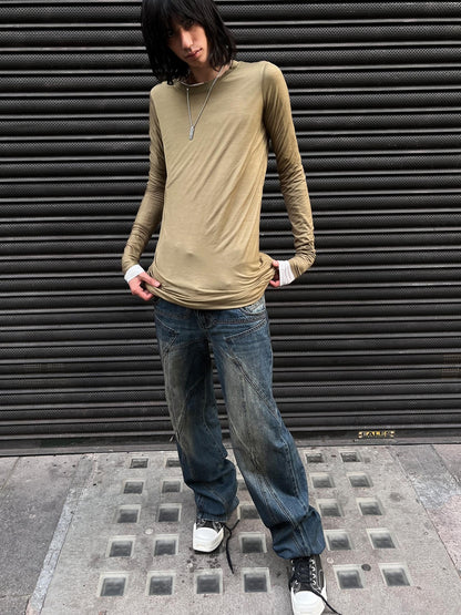 LYUOCHENG Army Green Mesh Crew Neck Straight Solid Women&