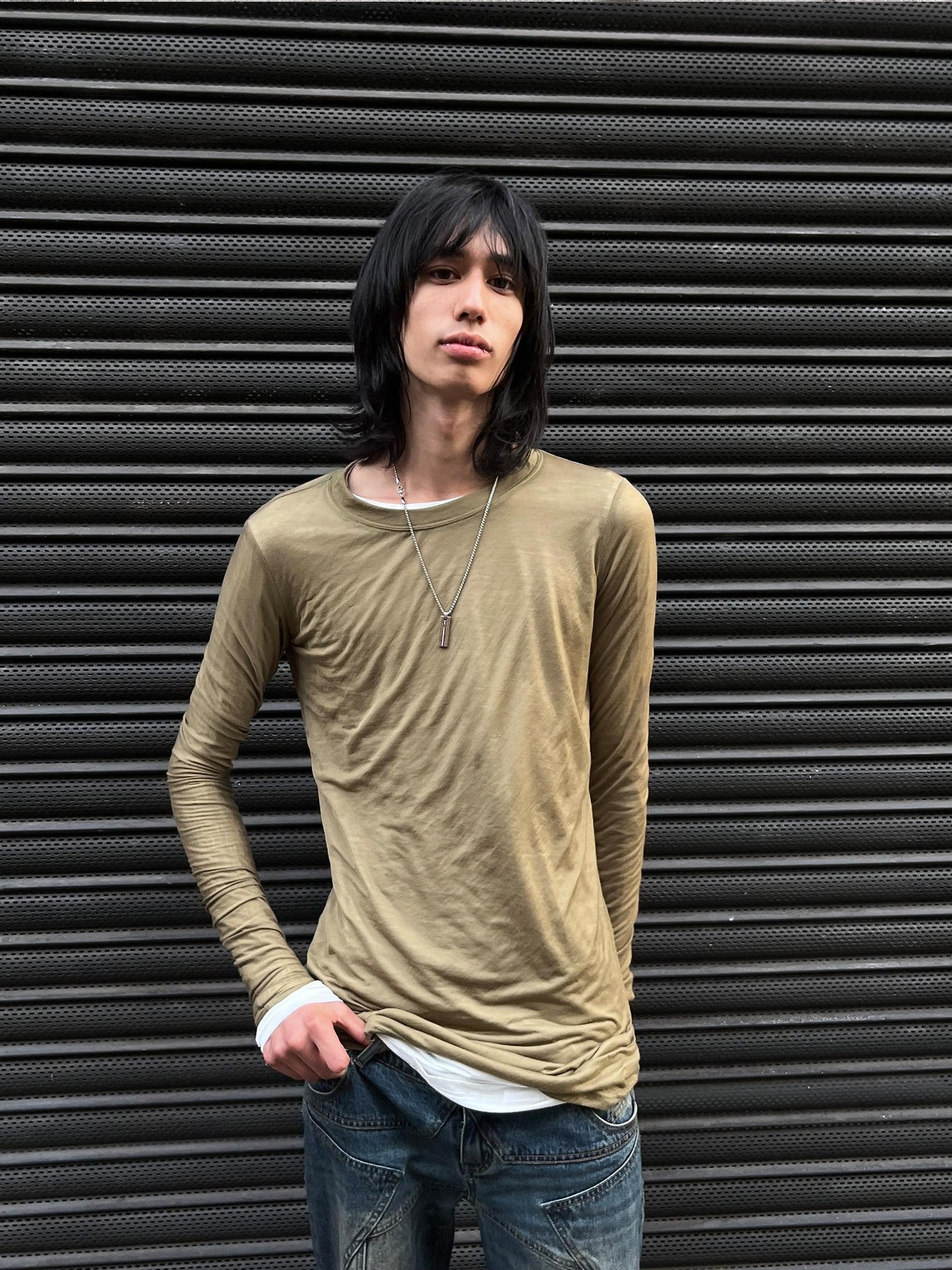 LYUOCHENG Army Green Mesh Crew Neck Straight Solid Women&