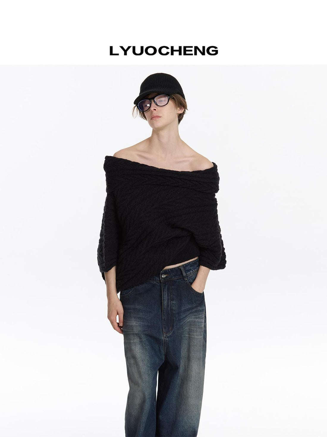 LYUOCHENG Asym Collar Drop Shoulder Knit Sweater