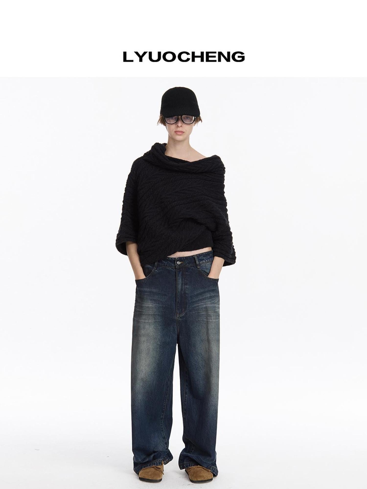 LYUOCHENG Asym Collar Drop Shoulder Knit Sweater
