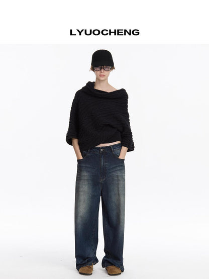 LYUOCHENG Asym Collar Drop Shoulder Knit Sweater