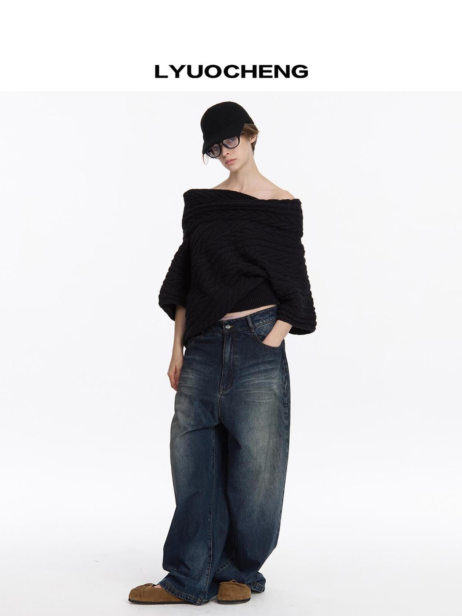 LYUOCHENG Asym Collar Drop Shoulder Knit Sweater
