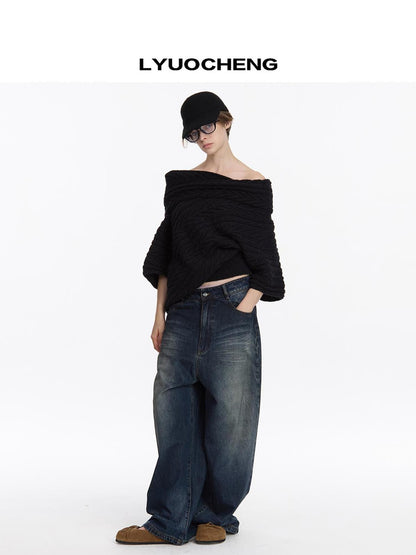 LYUOCHENG Asym Collar Drop Shoulder Knit Sweater