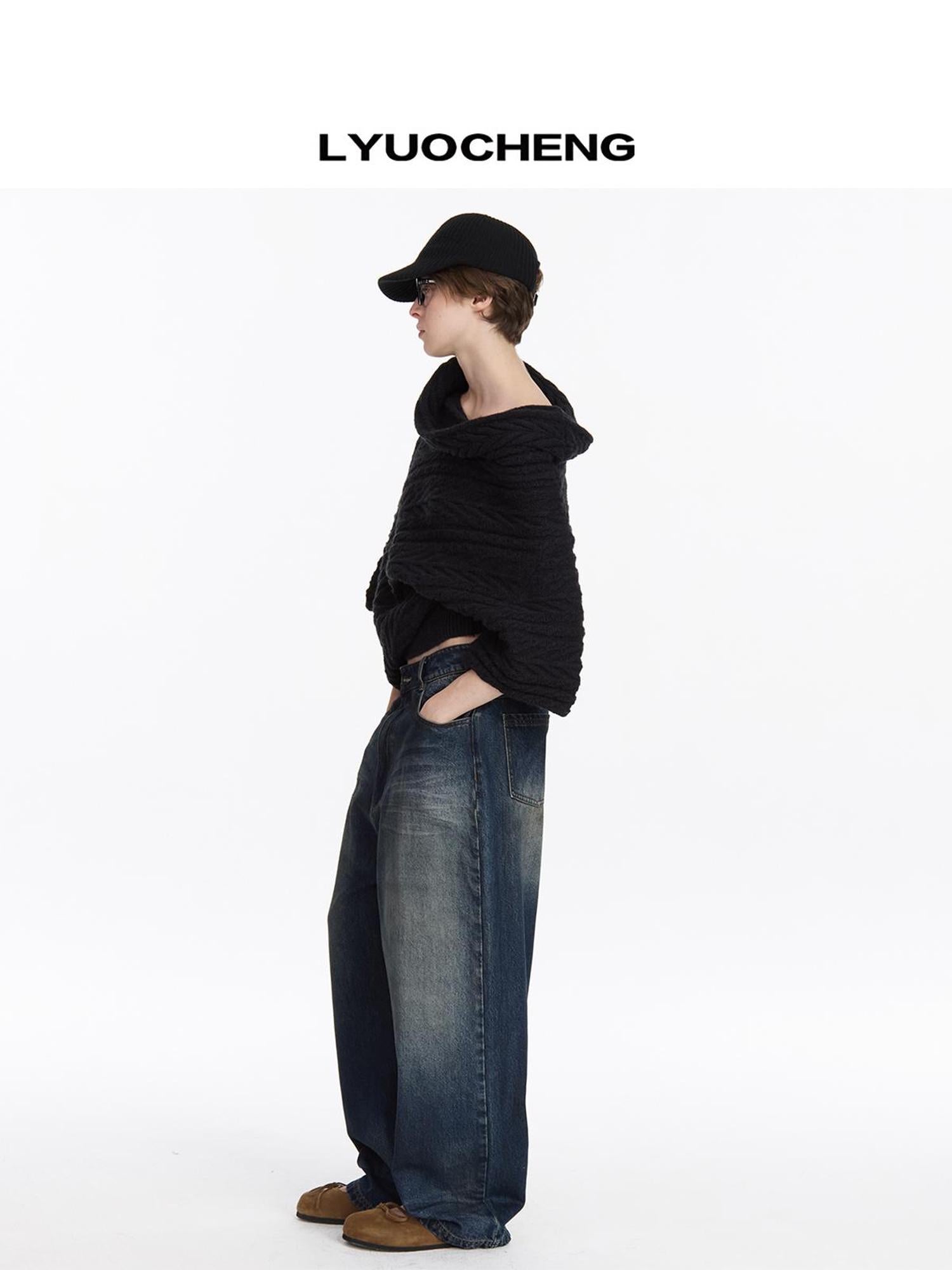 LYUOCHENG Asym Collar Drop Shoulder Knit Sweater
