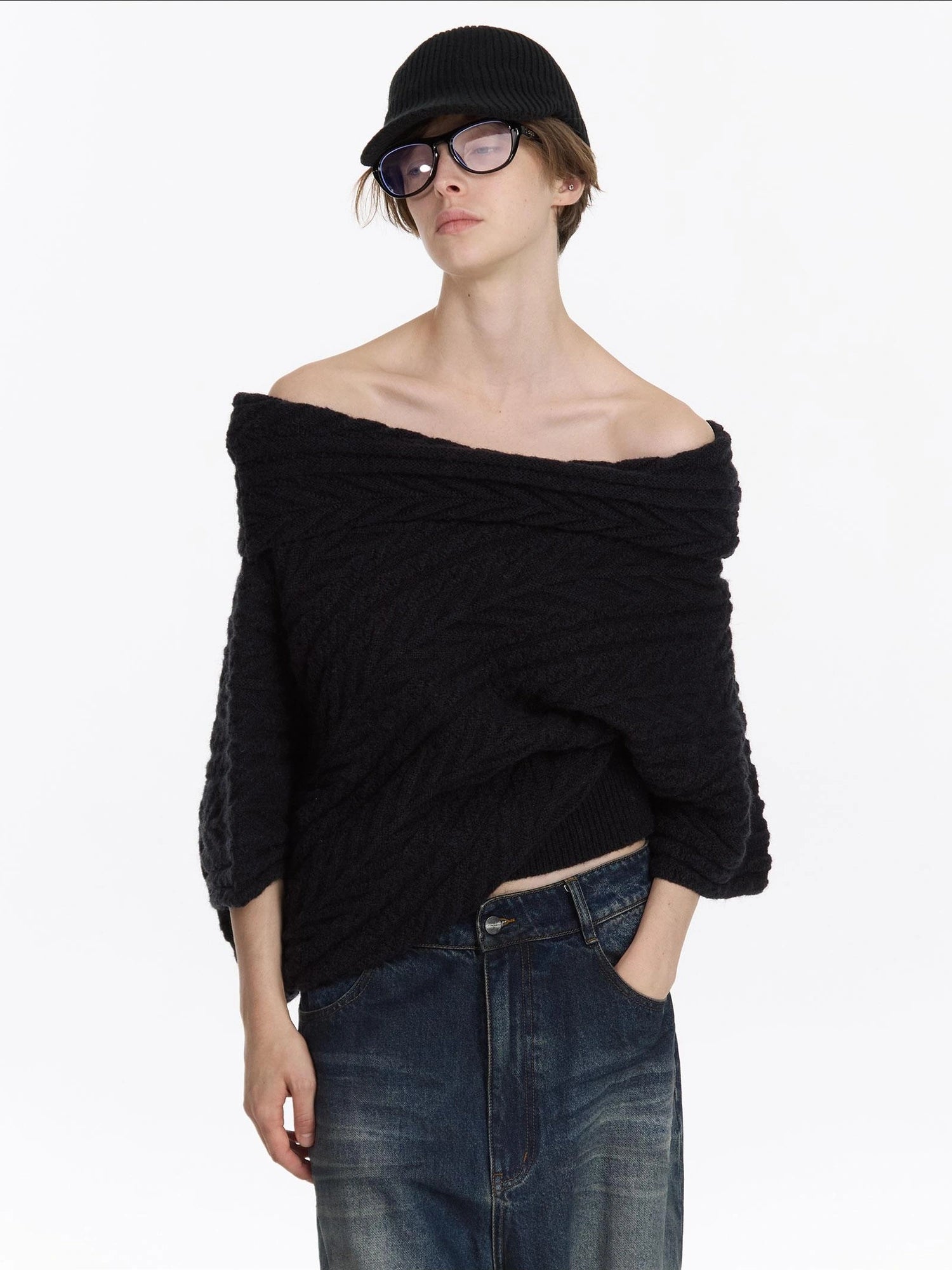 LYUOCHENG Asym Collar Drop Shoulder Knit Sweater