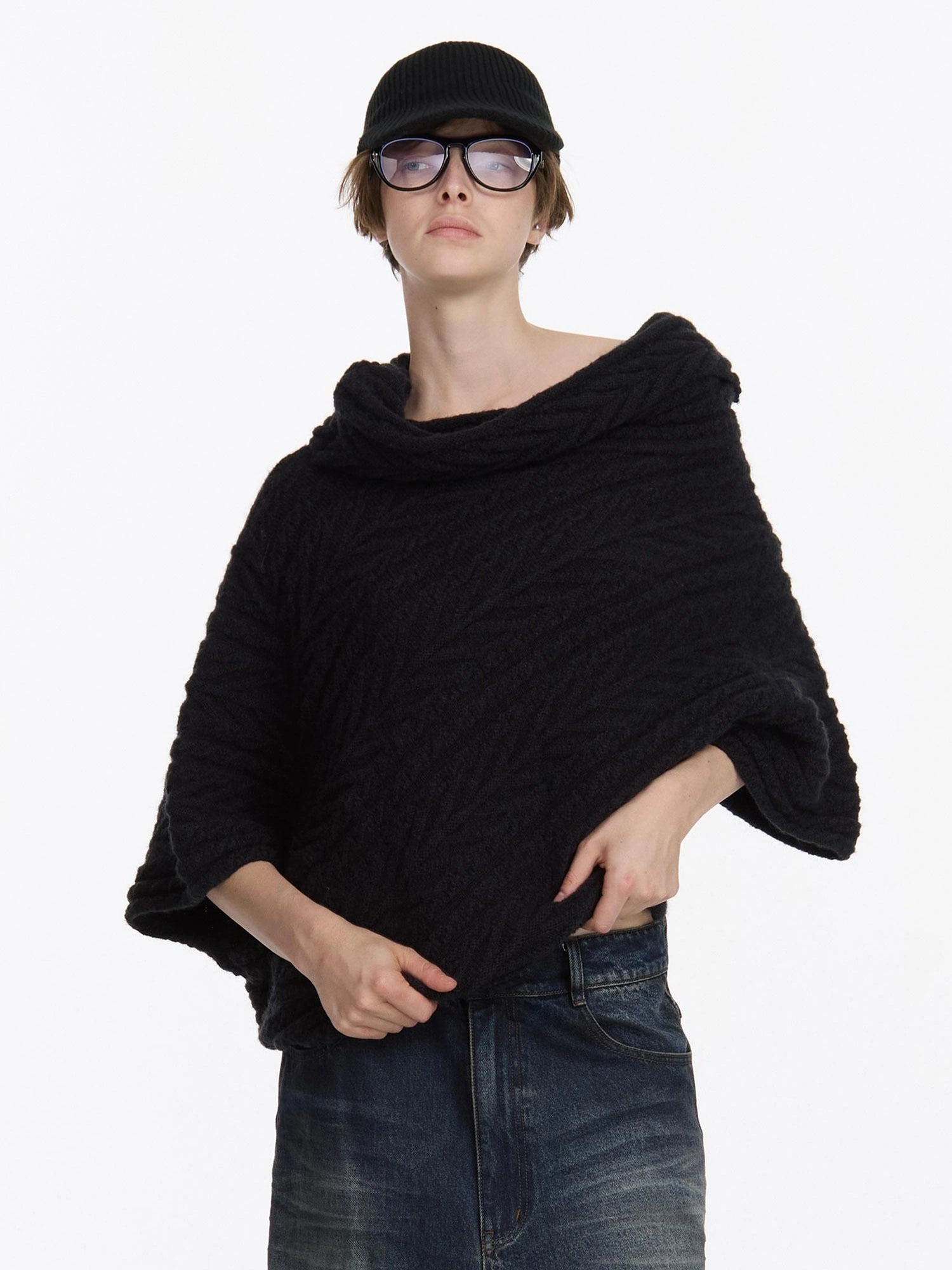 LYUOCHENG Asym Collar Drop Shoulder Knit Sweater