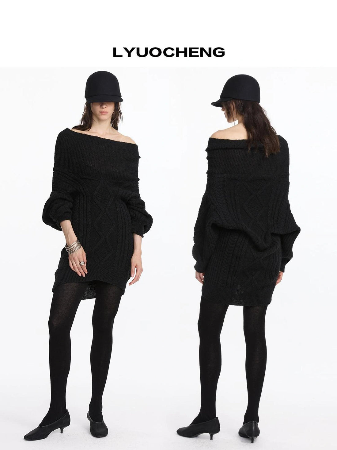 LYUOCHENG Asymmetric Draped Collar Cable Knit Sweater V-neck Long Sleeve