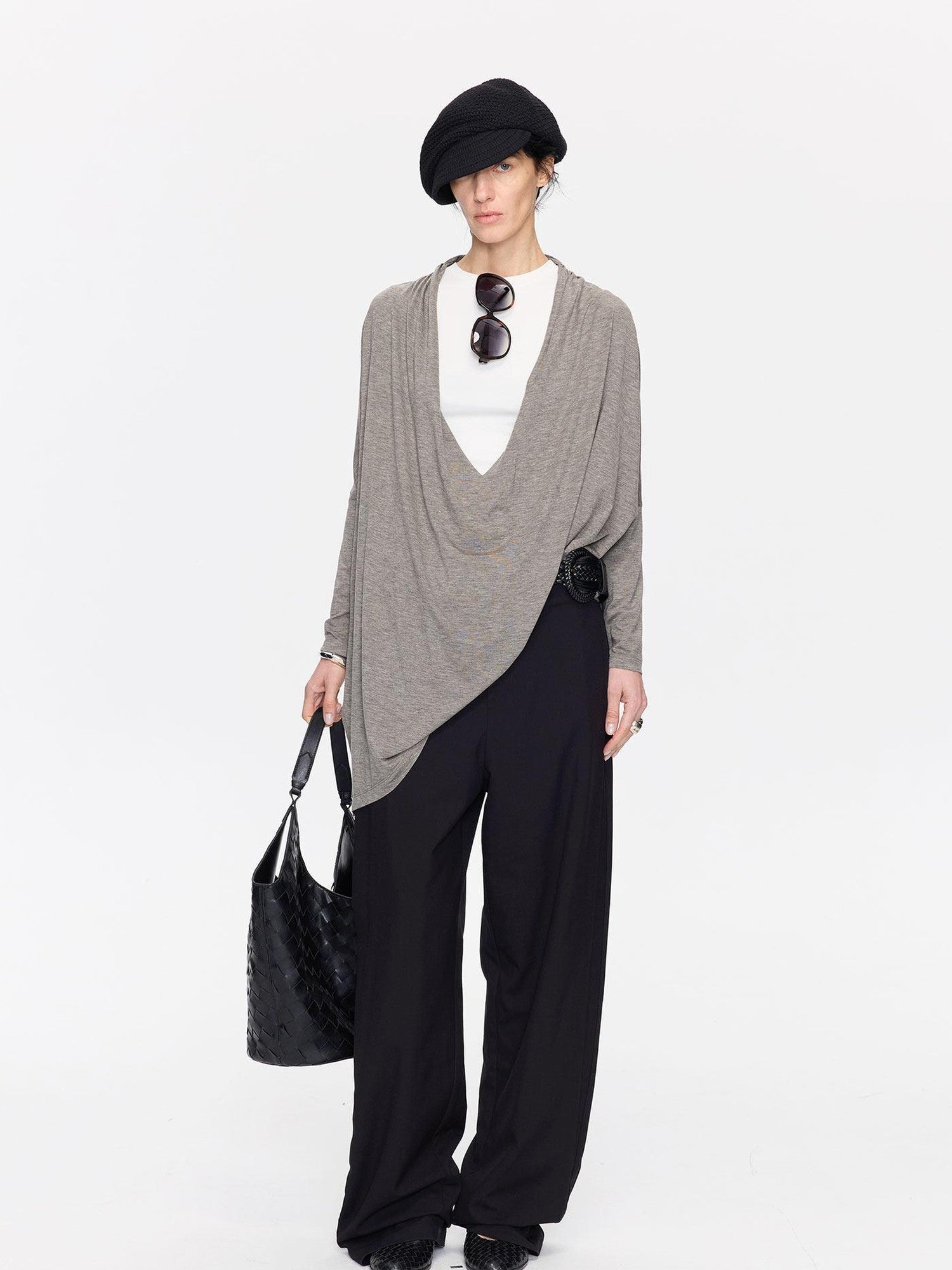 LYUOCHENG Asymmetric Draped V-neck Shirred Women&