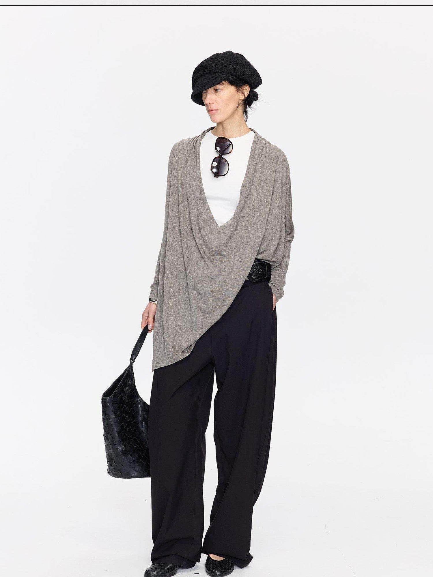 LYUOCHENG Asymmetric Draped V-neck Shirred Women&