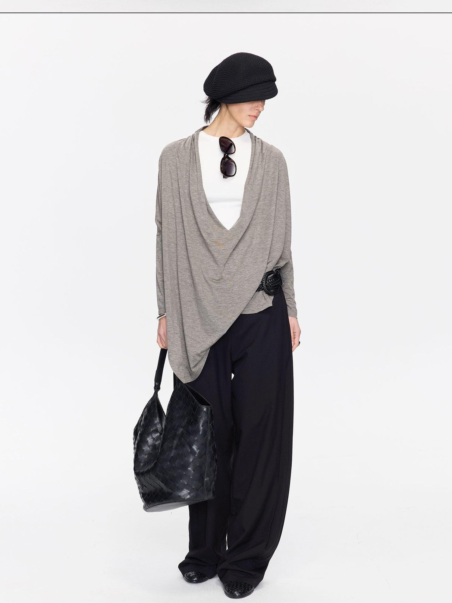 LYUOCHENG Asymmetric Draped V-neck Shirred Women&