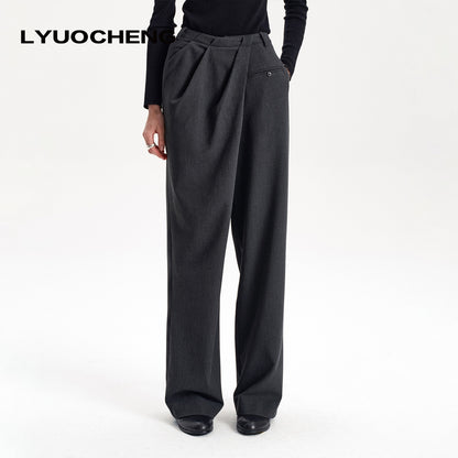 LYUOCHENG_Asymmetric_Pleated_Lyocell_Straight_Leg_Women&