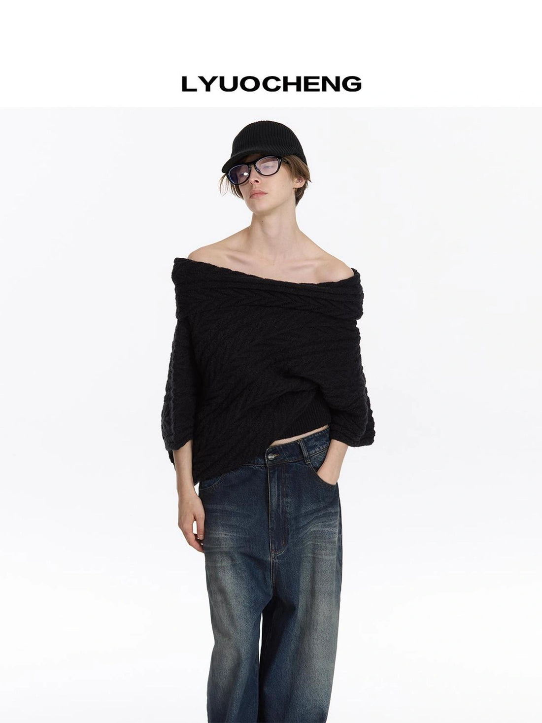 LYUOCHENG Asymmetric Slash Neck Drop Shoulder Knit Sweater