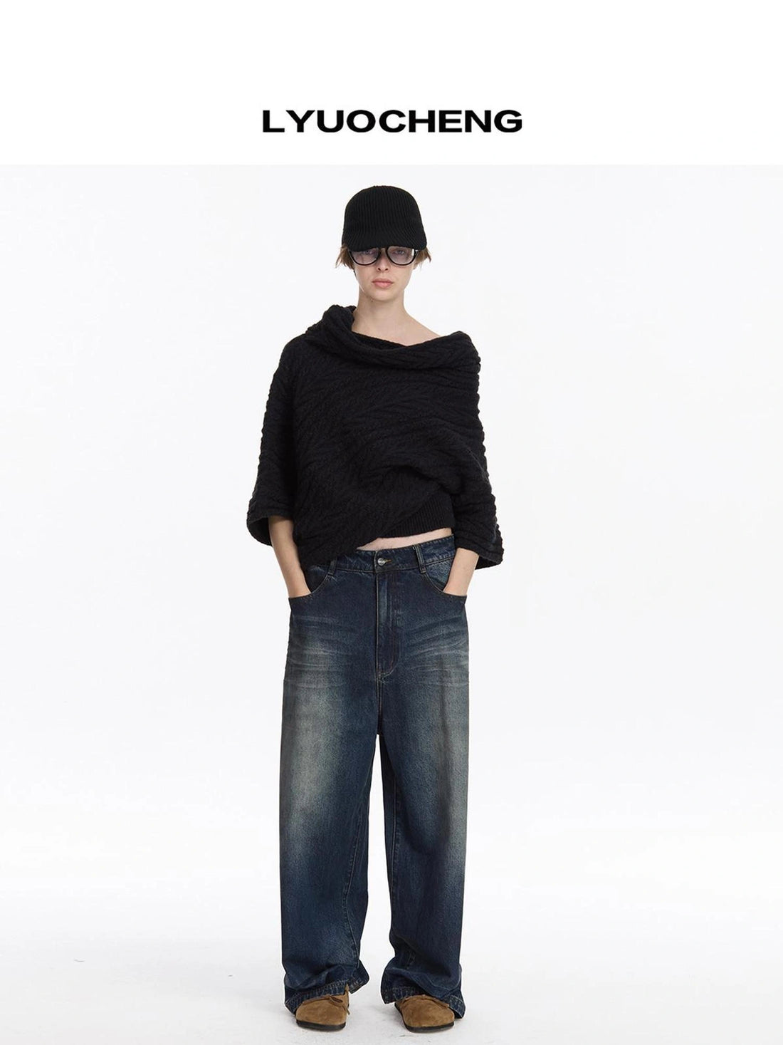 LYUOCHENG Asymmetric Slash Neck Drop Shoulder Knit Sweater