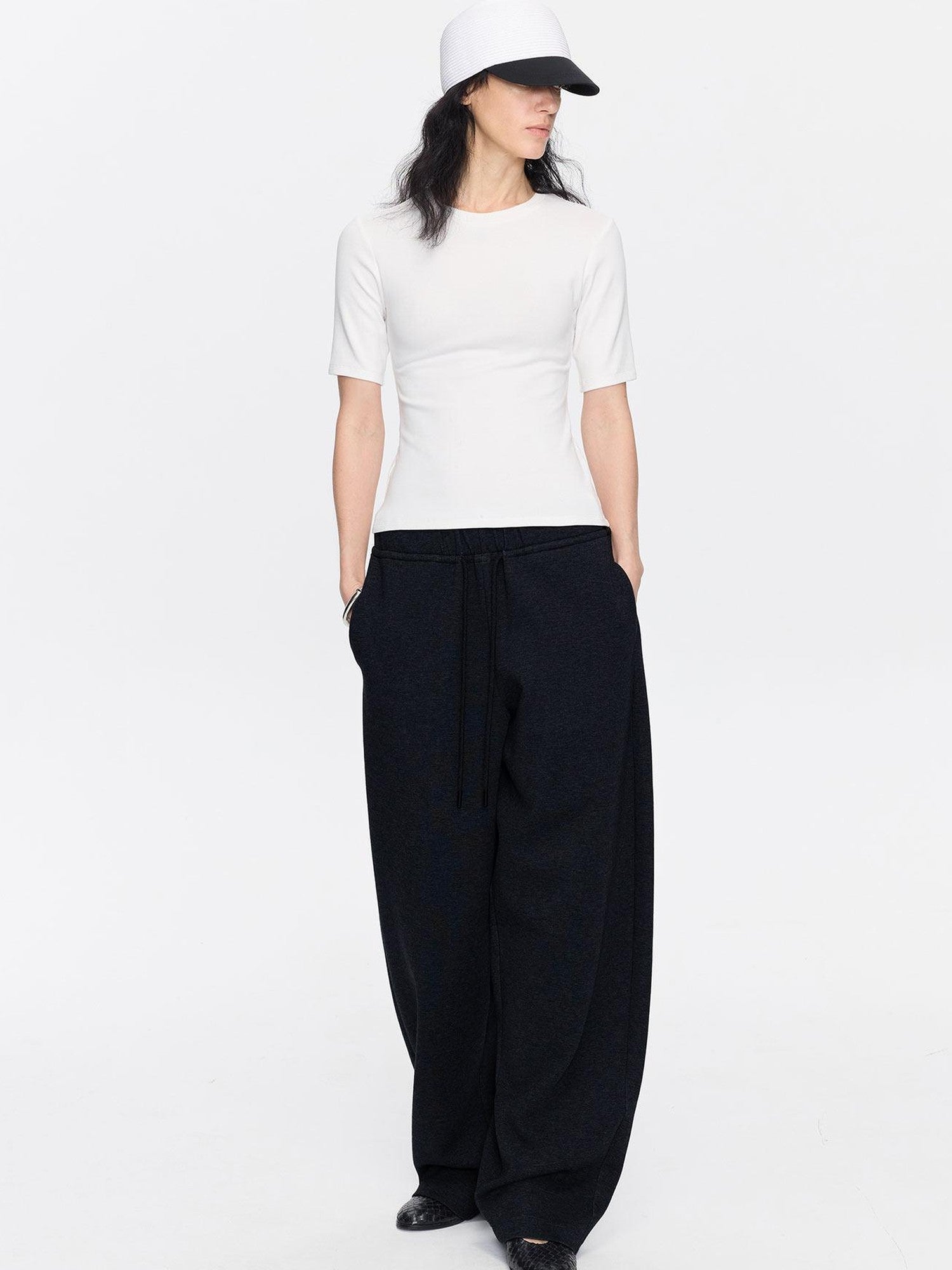 LYUOCHENG Asymmetrical Curved Cut Wide Leg High Waist Women&