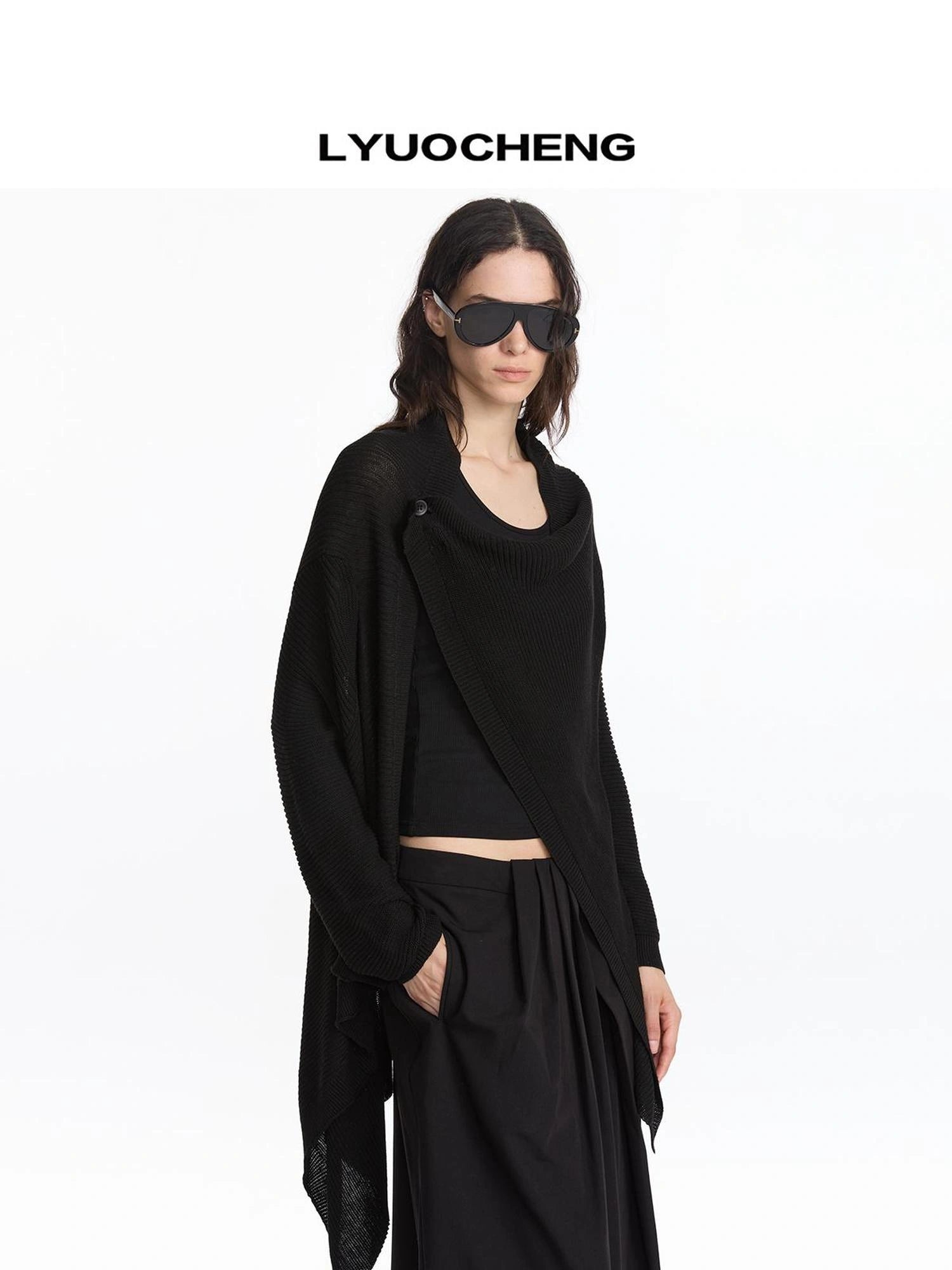 LYUOCHENG Asymmetrical Draped Neck Knit Cardigan
