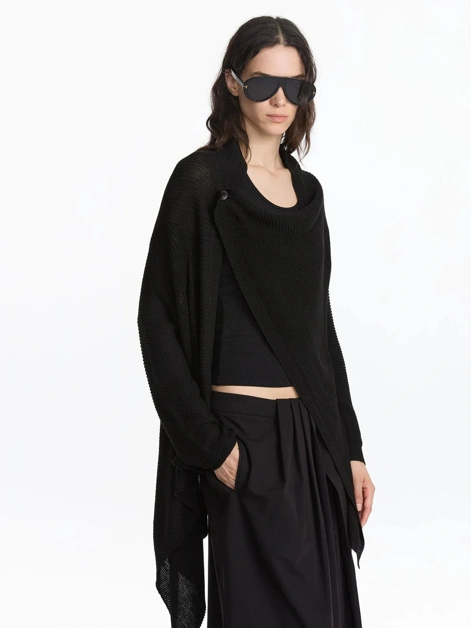 LYUOCHENG Asymmetrical Draped Neck Knit Cardigan