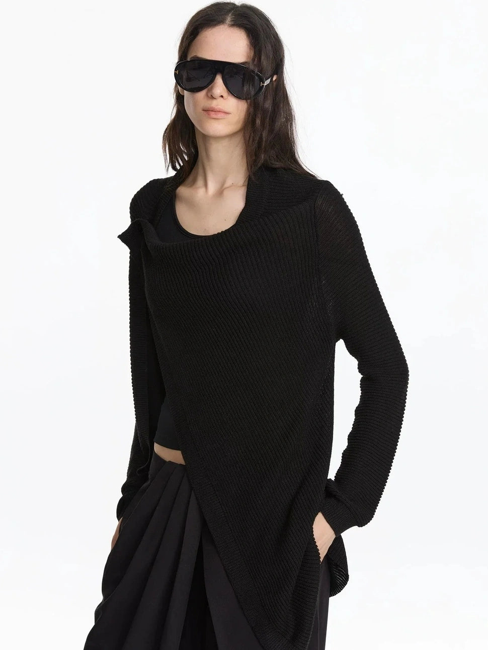 LYUOCHENG Asymmetrical Draped Neck Knit Cardigan