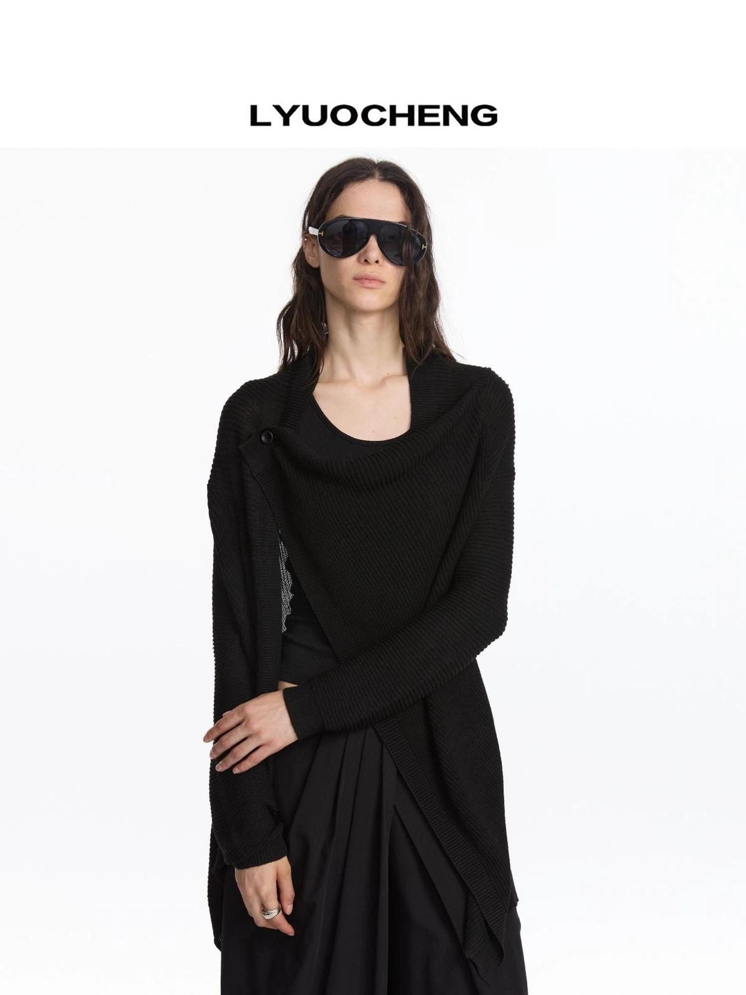 LYUOCHENG Asymmetrical Draped Neck Knit Cardigan