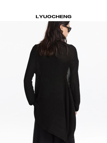 LYUOCHENG Asymmetrical Draped Neck Knit Cardigan