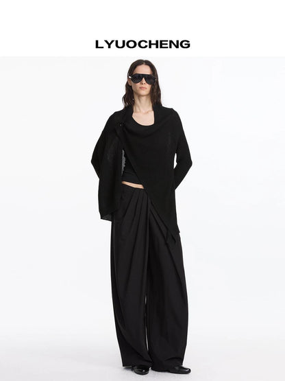 LYUOCHENG Asymmetrical Draped Neck Knit Cardigan