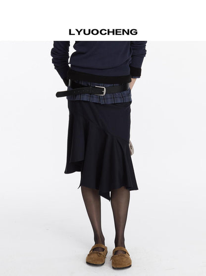 LYUOCHENG Asymmetrical Hem Flounce Skirt in Navy