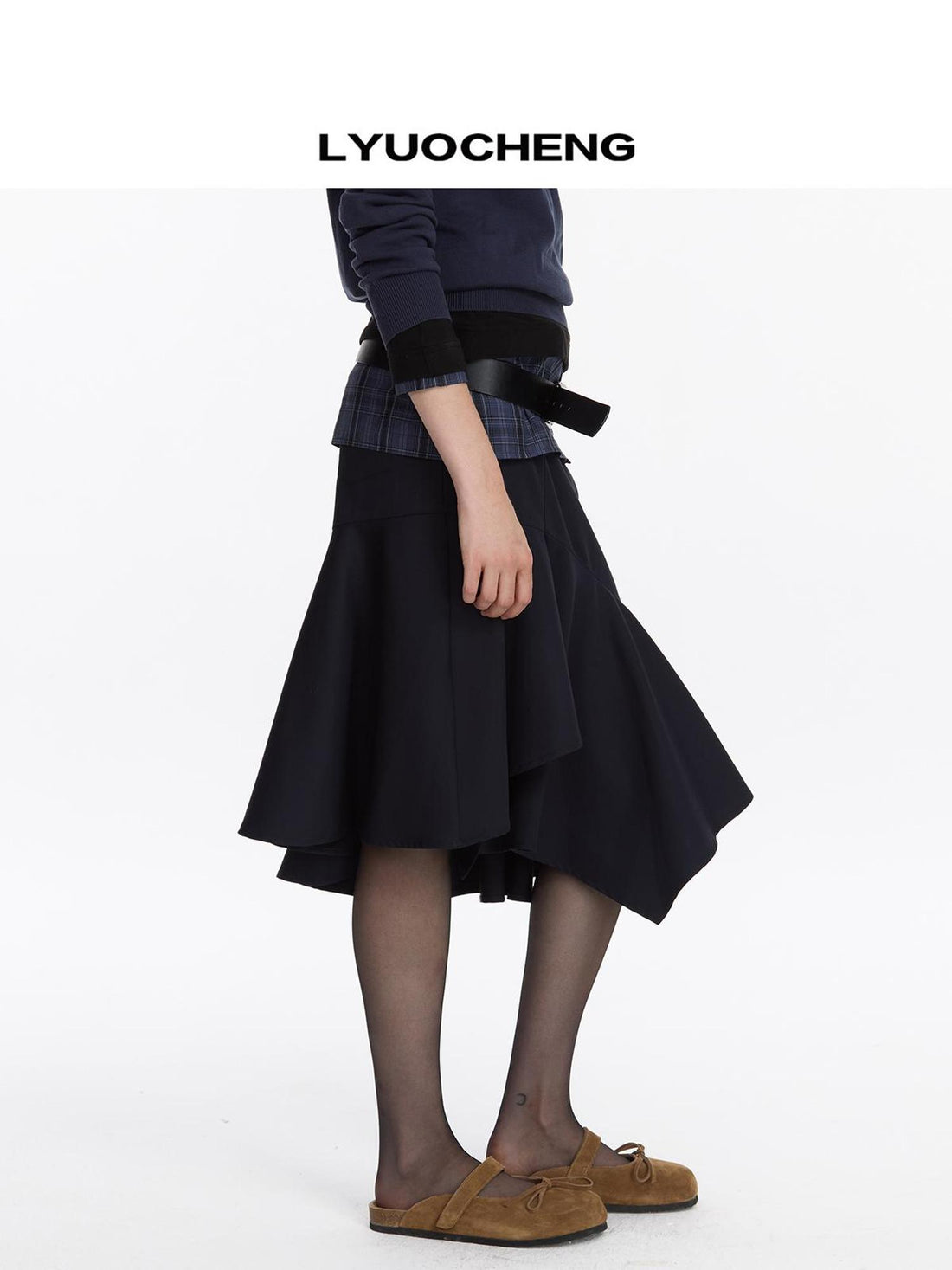 LYUOCHENG Asymmetrical Hem Flounce Skirt in Navy