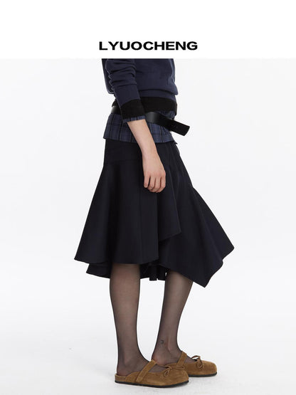 LYUOCHENG Asymmetrical Hem Flounce Skirt in Navy