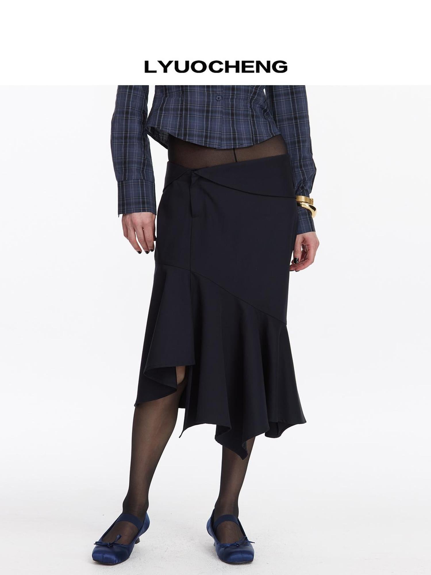 LYUOCHENG Asymmetrical Hem Flounce Skirt in Navy