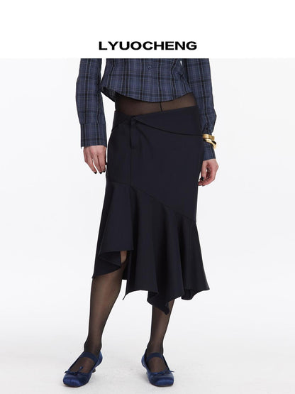 LYUOCHENG Asymmetrical Hem Flounce Skirt in Navy