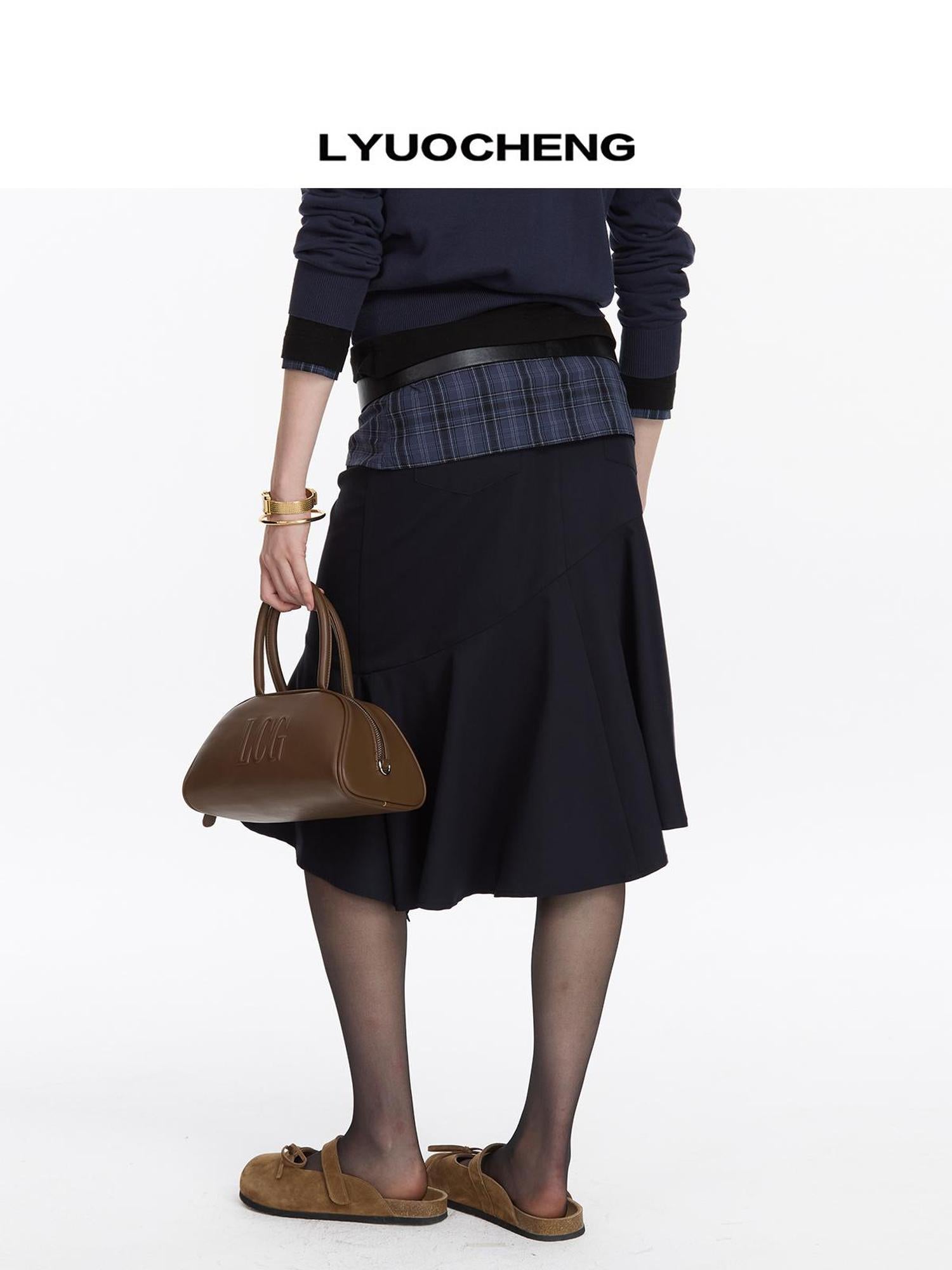 LYUOCHENG Asymmetrical Hem Flounce Skirt in Navy