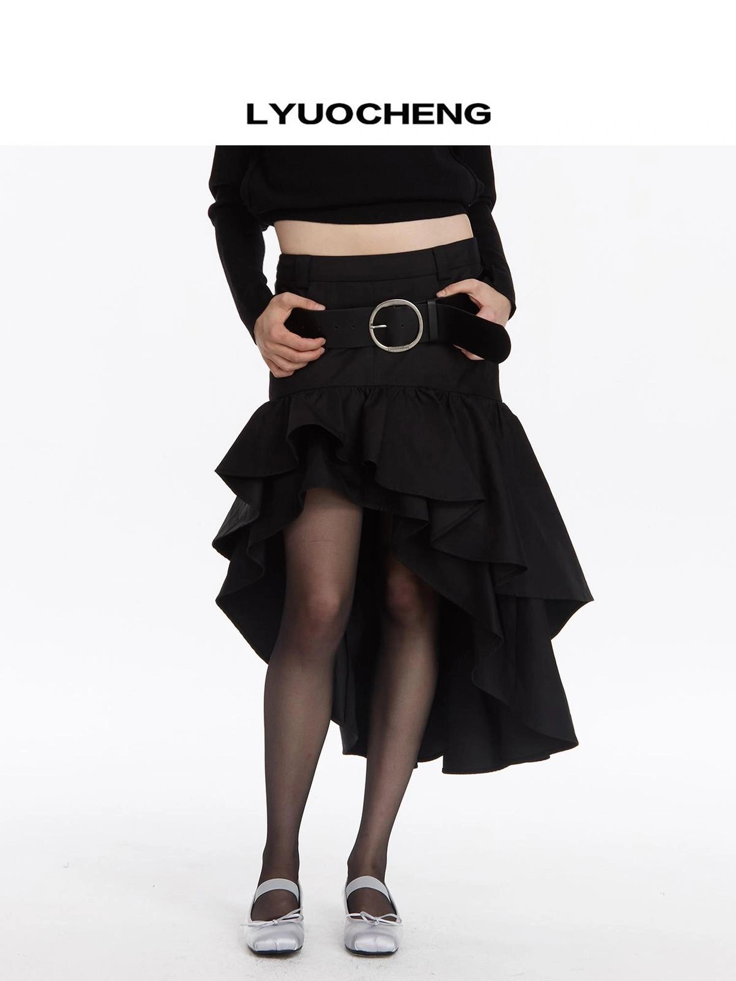 LYUOCHENG Asymmetrical Ruffle Hem A Line Skirt