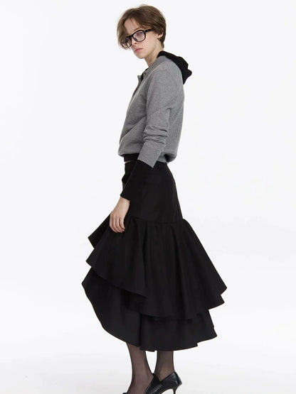 LYUOCHENG Asymmetrical Ruffle Hem A Line Skirt
