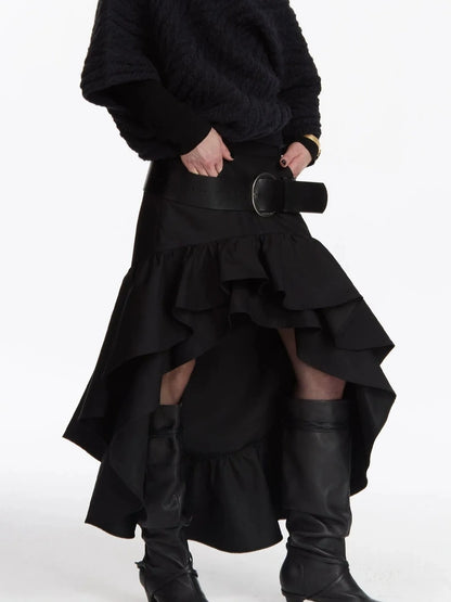 LYUOCHENG Asymmetrical Ruffle Hem A Line Skirt