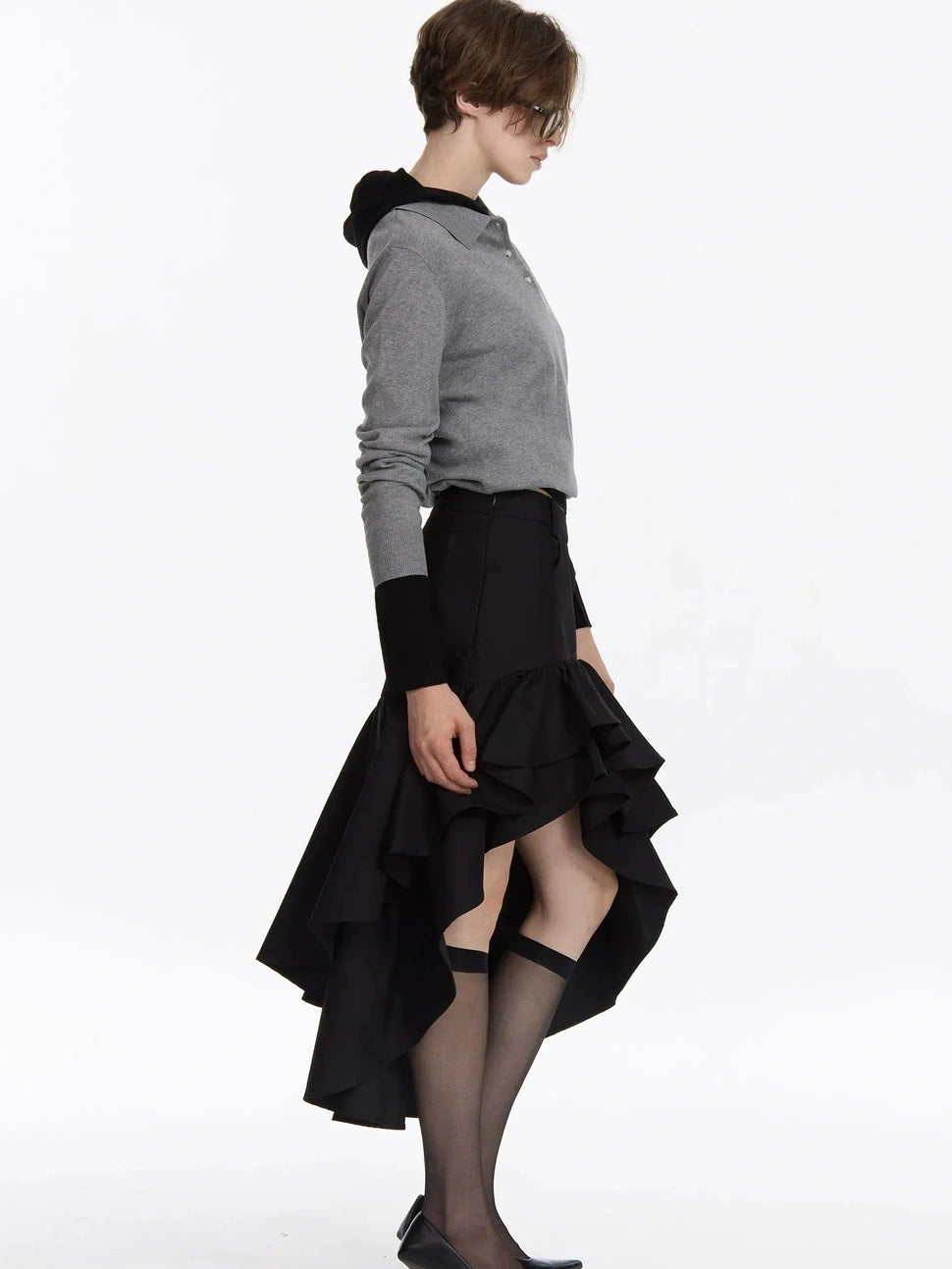 LYUOCHENG Asymmetrical Ruffle Hem A Line Skirt