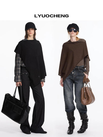 LYUOCHENG Asymmetrical Wool Blend Draped Cape Top